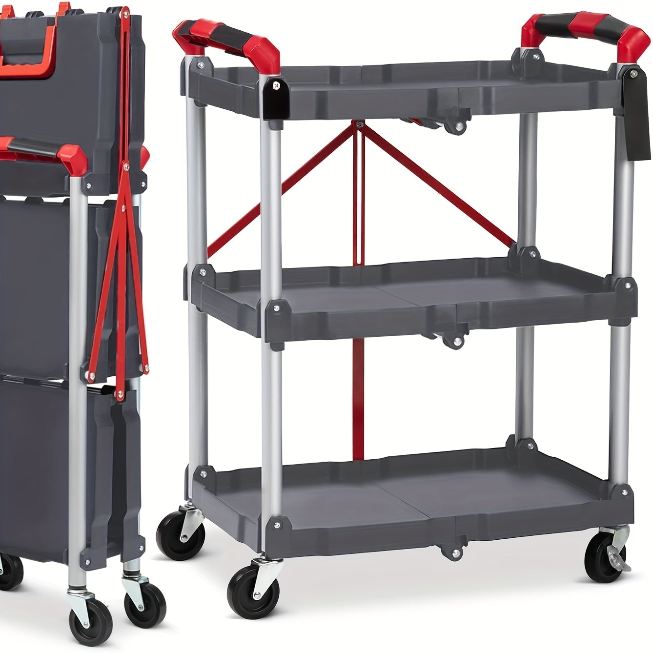 Bentwagen – Dienstkar – Transportwagen – Plateauwagen – Opvouwbare Kar – 3 Niveaus Met 25 kg Draagkracht – Vergrendelbare Zwenkwielen