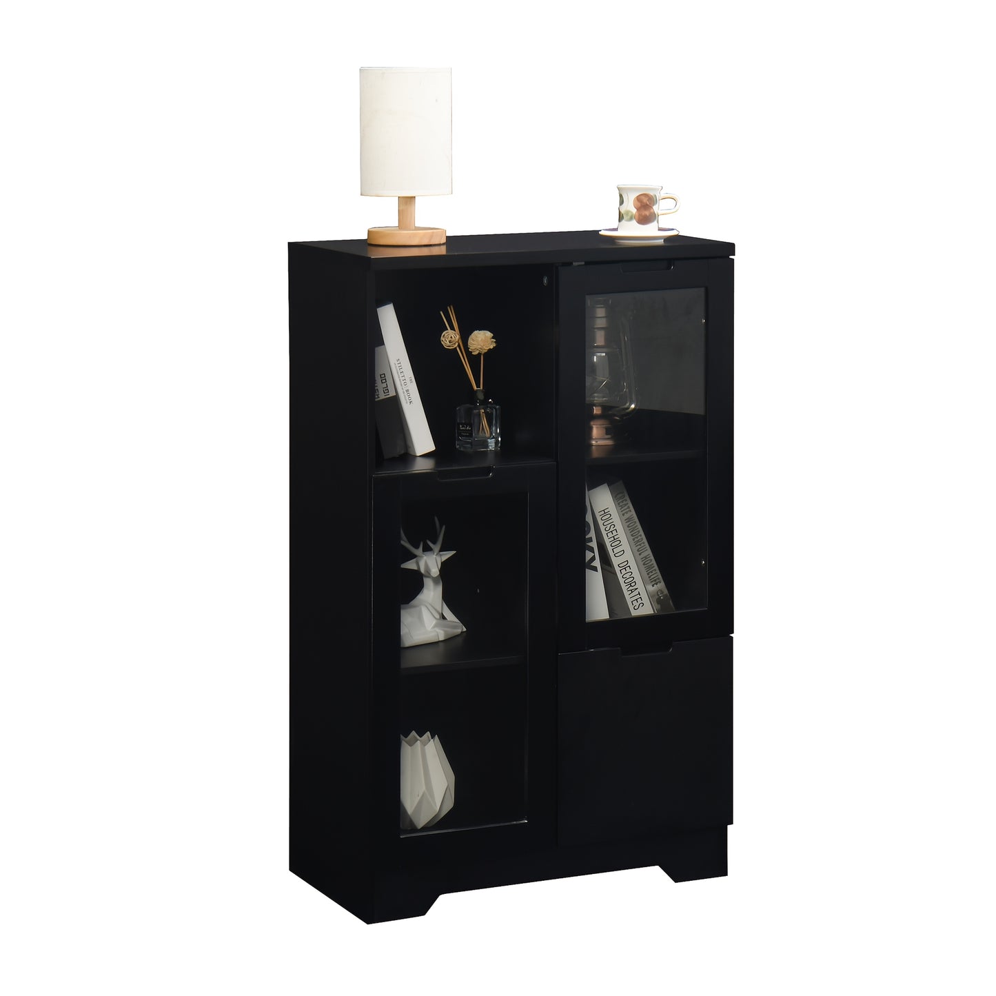 Kast – Opbergkast – Ladekast – Boekenkast – Opbergmeubel – Zwart Metalen Kast Met Glazen Deuren – Compact En Ruimtebesparend Design (<68,6 cm Hoog)