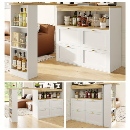 Barkast – Drankkast – Wijnkast – Buffetkast – Barkast Op Wieltjes – 360° Draaibaar – 4 Lades + Open Planken – Wit – 105x39x102 cm