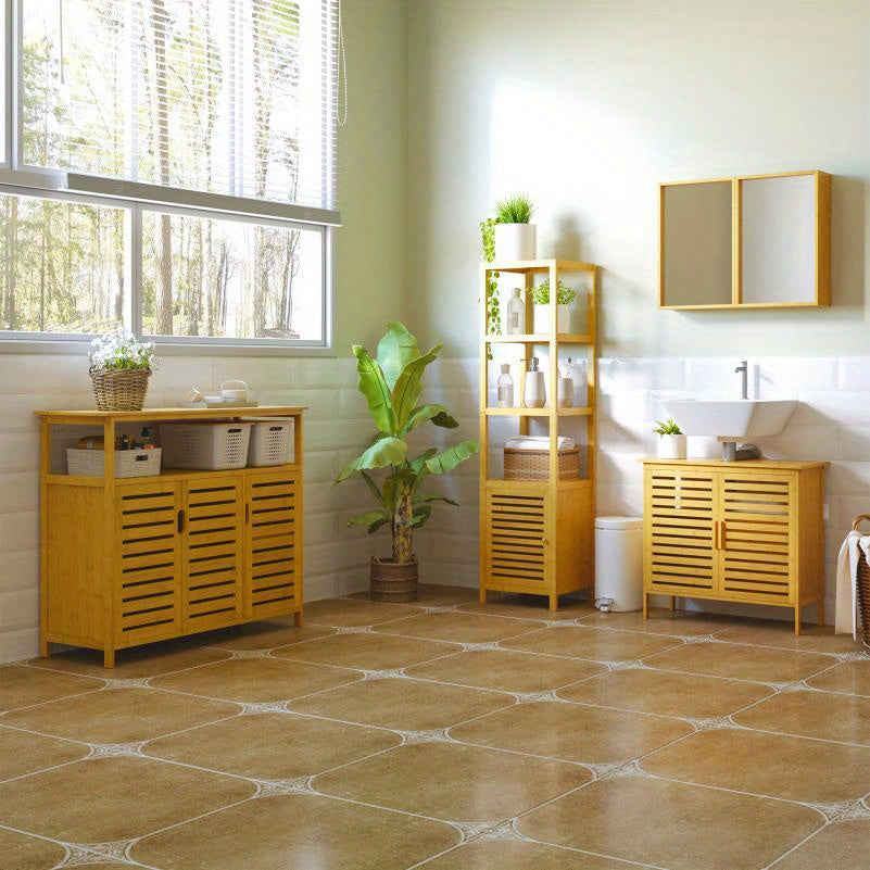 Badkamerkast Bamboe – Badkamermeubel – Opbergkast – Medicijnkast – Sanitairkast – Ruimtebesparend Verticaal Design – Duurzaam Natuurlijk Bamboe, 140x36x33 cm