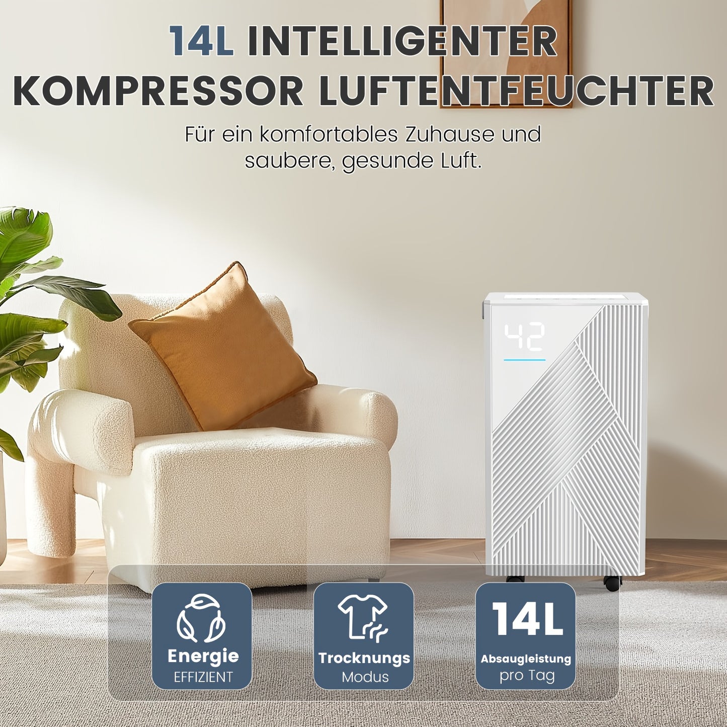 Luchtontvochtiger – Vochtvreter – Dehumidifier – Vochtverwijderaar – Wasdroger – 14L per Dag – Wi-Fi App Bedienbaar – Stil & Energiezuinig