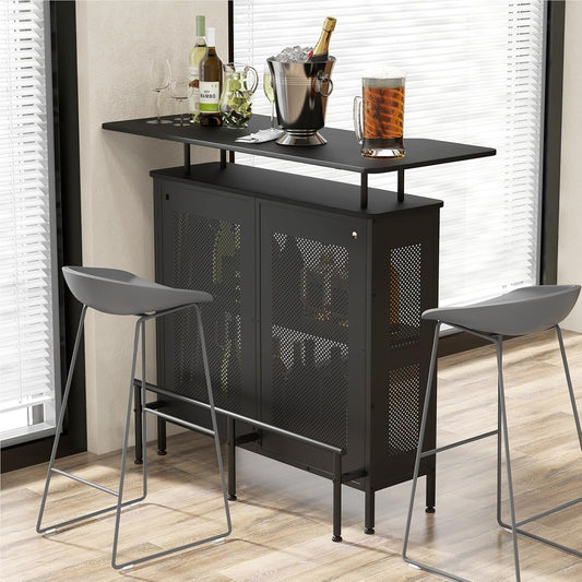 Bartafel – Barmeubel – Keukentafel – Tafel Met Opbergruimte – Zwarte Metalen Frame – Verstelbare Poten – 120 x 50 x 106,5 cm – Inclusief Voetsteun