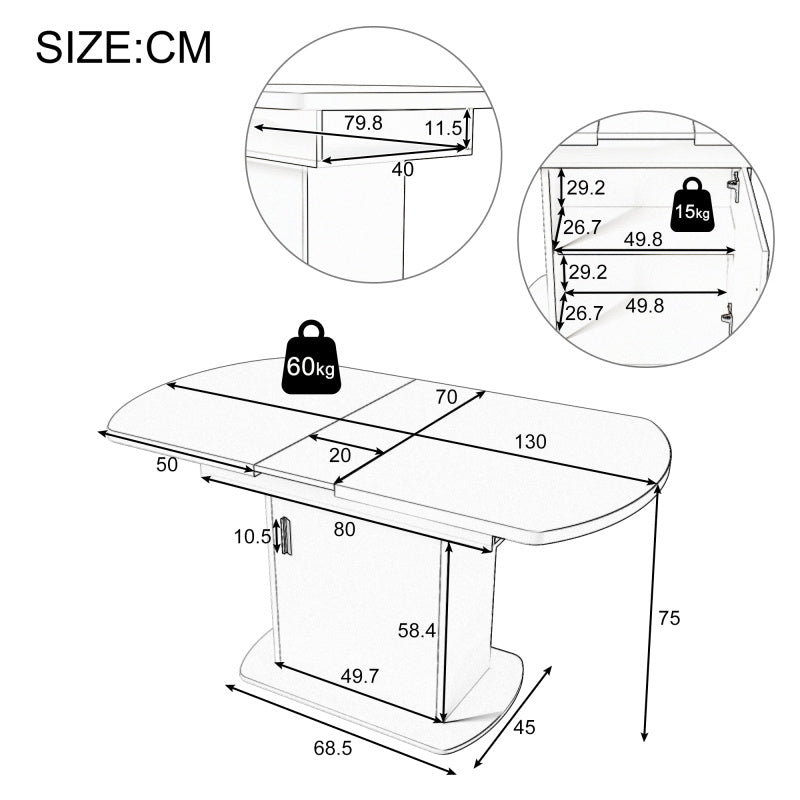 Uitschuifbare Ovaalvormige Tafel – Uitklapbare Eettafel – Salontafel – Werktafel – Compacte Tafel – Wit Met Gouden Handgrepen – Met Opbergruimte – 110-130x70x75 cm
