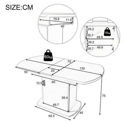 Uitschuifbare Ovaalvormige Tafel – Uitklapbare Eettafel – Salontafel – Werktafel – Compacte Tafel – Wit Met Gouden Handgrepen – Met Opbergruimte – 110-130x70x75 cm