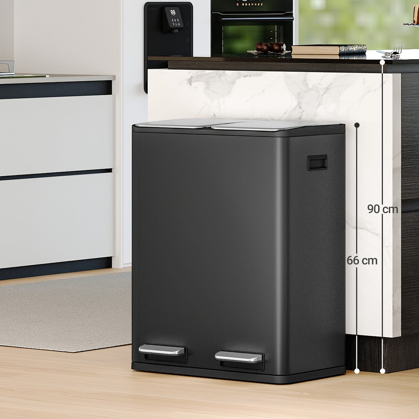 Keukenprullenbak – Afvalbak – Vuilnisemmer – Afvalcontainer – Prullenbak met pedaal – 60L (2x30L) – RVS – Geluidsdempende softclose – Inclusief 15 afvalzakken – Zwart