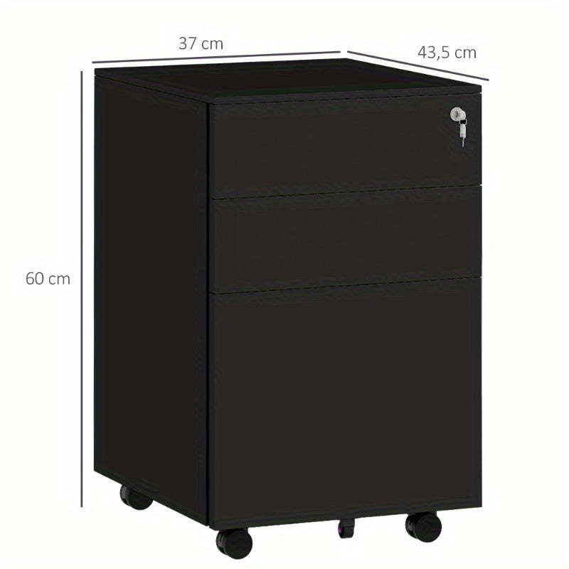 Archiefkast – Dossierkast – Opbergkast – Ladeblok – Kantoorkast – Met Slot – Verrijdbaar Met Wieltjes En Remmen – Staal 37x43,5x60 cm – Zwart