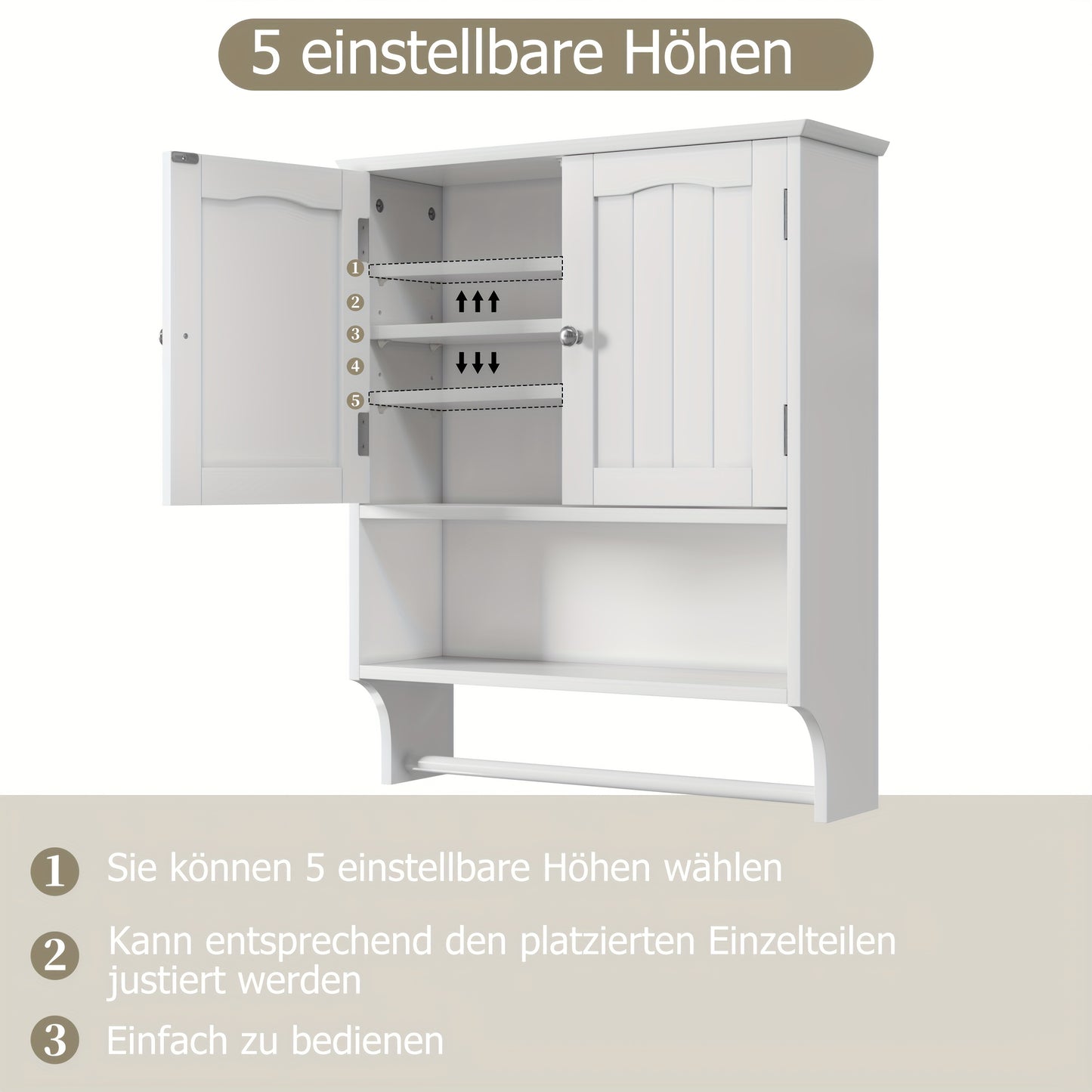 Wandkastje Badkamer – Opbergkastje Muurkastje Medicijnkastje Handdoekenrek – Wit MDF Hardhout – 2 Verstelbare Planken – Wandmontage Space Saver