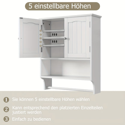 Wandkastje Badkamer – Opbergkastje Muurkastje Medicijnkastje Handdoekenrek – Wit MDF Hardhout – 2 Verstelbare Planken – Wandmontage Space Saver