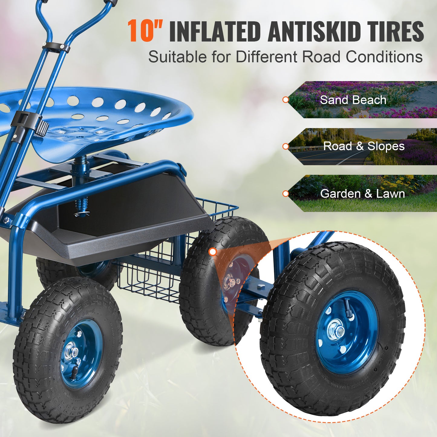 Tuinstoel – Tuinrolstoel – Werkkruk – Tuinkruk – Verrijdbare Stoel – 360° Draaibaar – Stalen Frame met Opbergmand – 10-Inch Luchtbanden