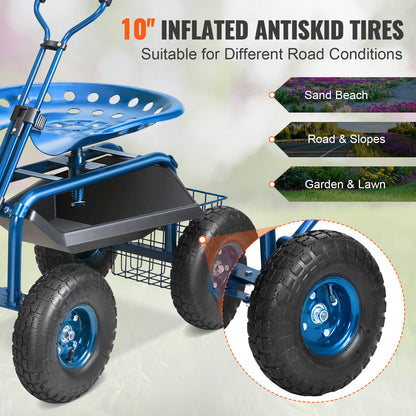 Tuinstoel – Tuinrolstoel – Werkkruk – Tuinkruk – Verrijdbare Stoel – 360° Draaibaar – Stalen Frame met Opbergmand – 10-Inch Luchtbanden