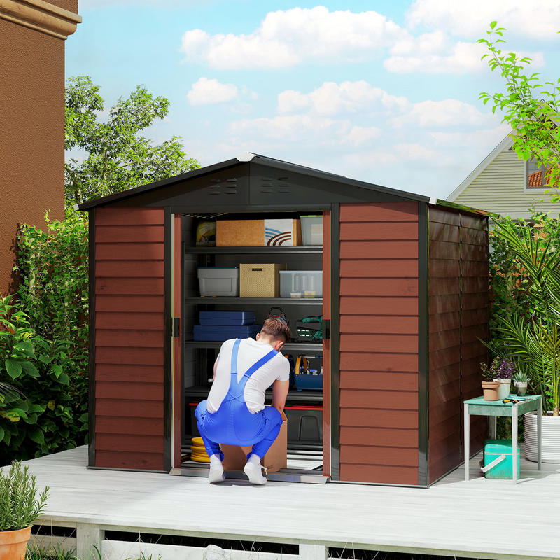 Metal Storage Shed, Weatherproof & Rust-Resistant, Lockable, 2.40 X 2.06 X 1.98 M, Teak, Temporary, Removable. Sturdy And Durable Outdoor Storage Space, Garden House, Tool Room, Yard Storage.