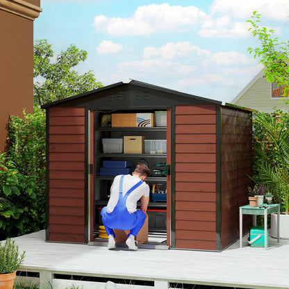 Metal Storage Shed, Weatherproof & Rust-Resistant, Lockable, 2.40 X 2.06 X 1.98 M, Teak, Temporary, Removable. Sturdy And Durable Outdoor Storage Space, Garden House, Tool Room, Yard Storage.
