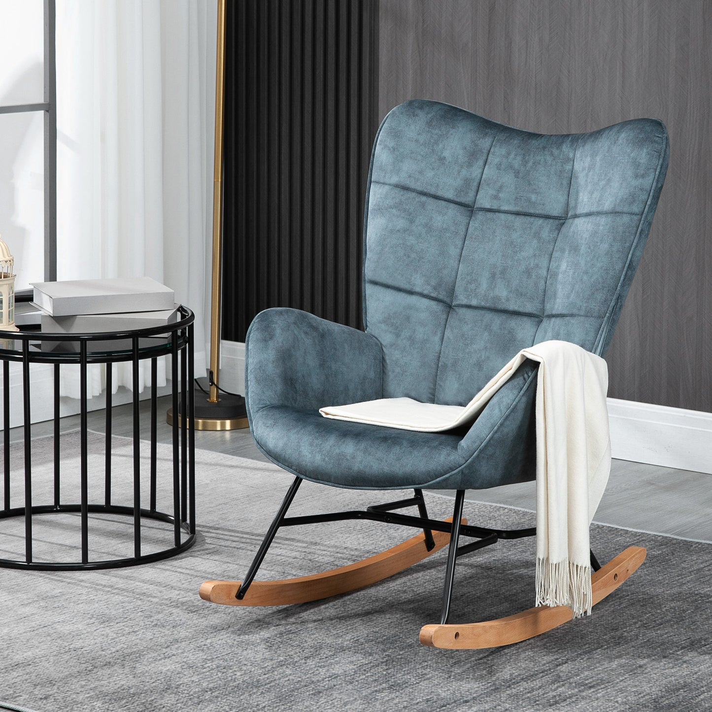 Schommelstoel – Relaxstoel – Fauteuil – Loungestoel – Stoel – Scandinavisch Design – Met Metalen Frame en Beukenhouten Poten – Hoog Rugleuning – Comfortabele Stoffen Bekleding – Blauw – 67x84x97 cm