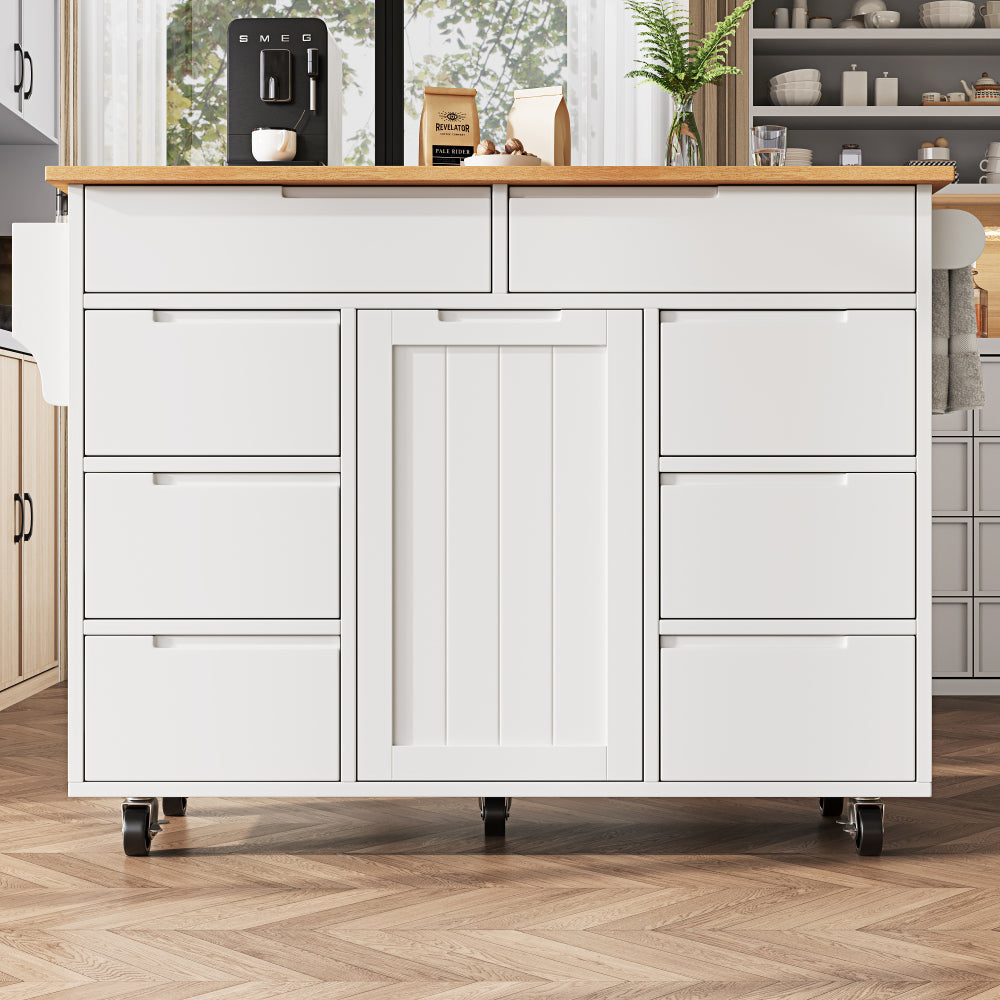 Modern White Mobile Kitchen Island with Worktop & 8-Drawer Storage Cart Castors - Heavy-Duty Serving Trolley with Spice Rack, Assembly, Space-Saving Cabinet for Small Kitchens, Dining & Living Room Furniture (Non-Wood)