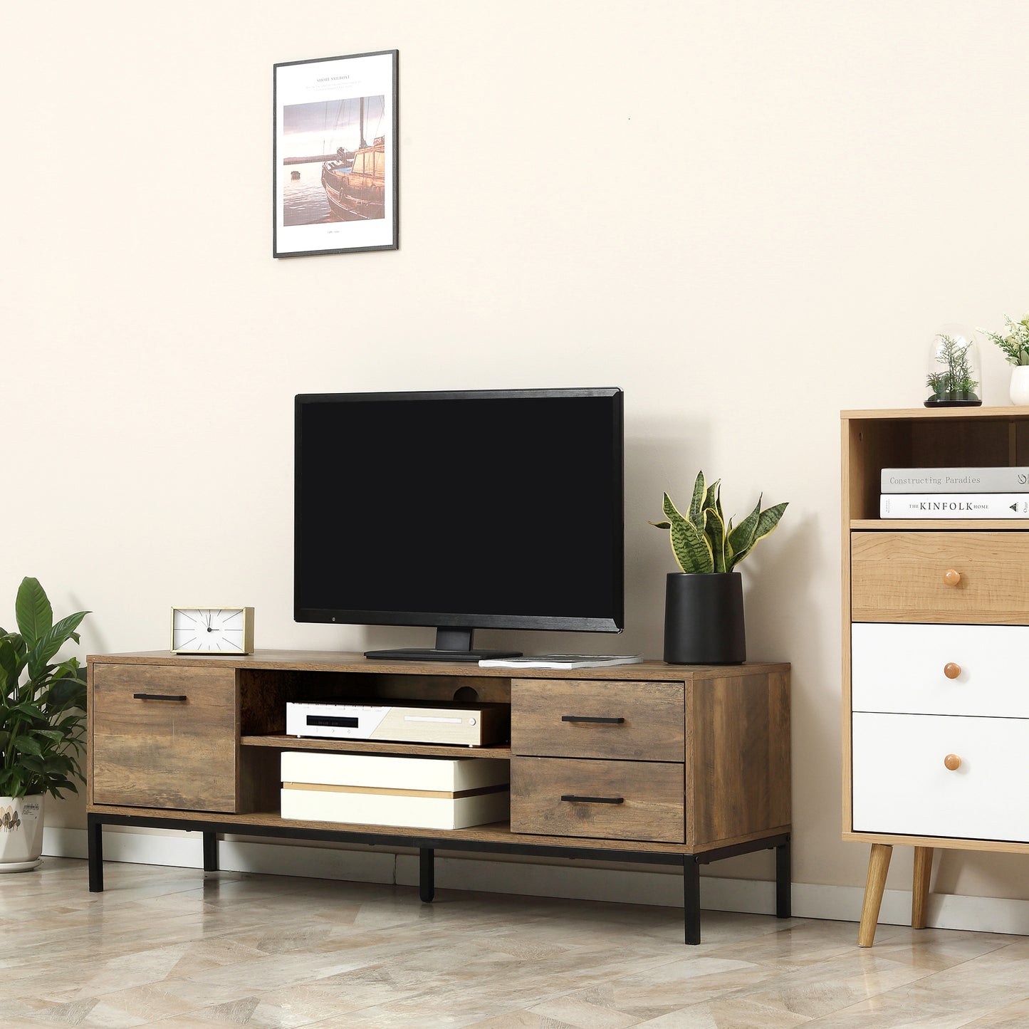 TV Meubel – TV Kast – TV Dressoir – Lowboard – Media Meubel – Industrieel Design – Geschikt voor TV Tot 50 Inch – MDF Metalen Frame 132x39x45,5 cm