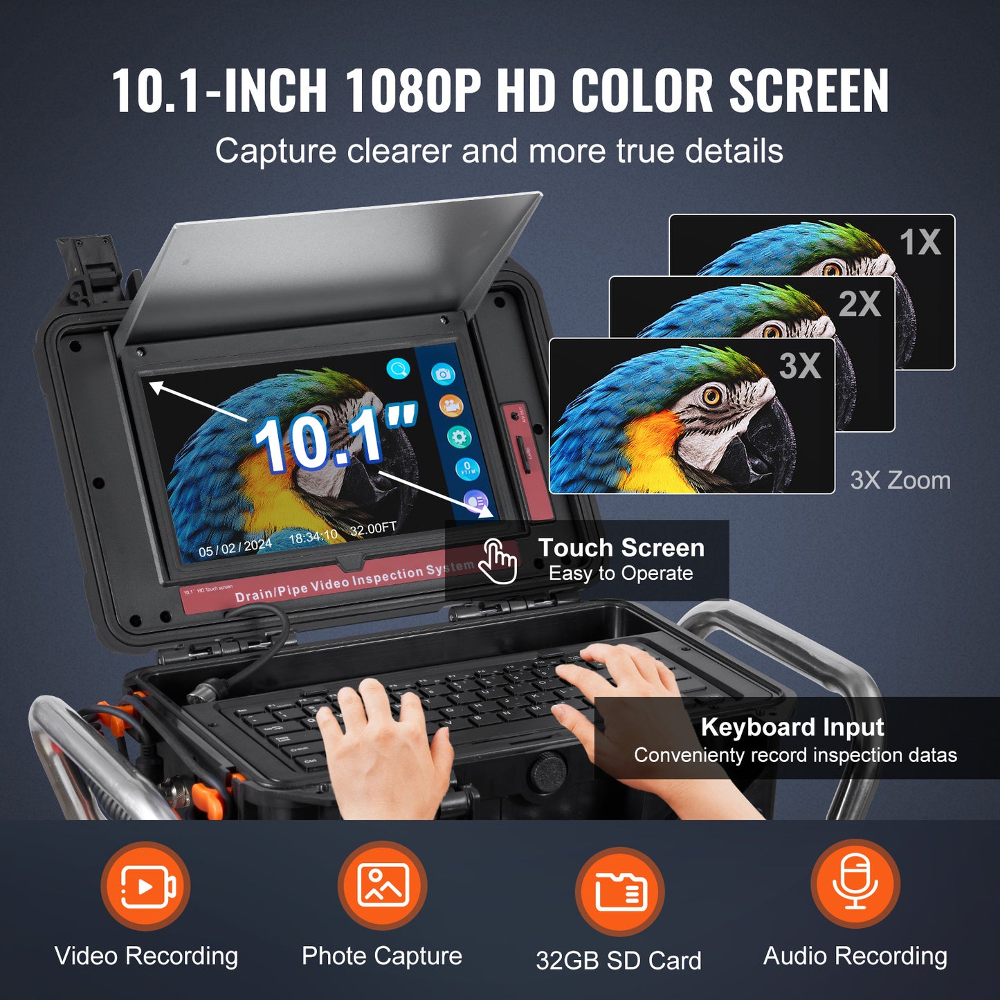 Rioolcamera – Inspectiecamera – Endoscoop – Buisinspectiecamera – Zelfnivellerend – 100M Kabel – 10,1 Inch Touchscreen