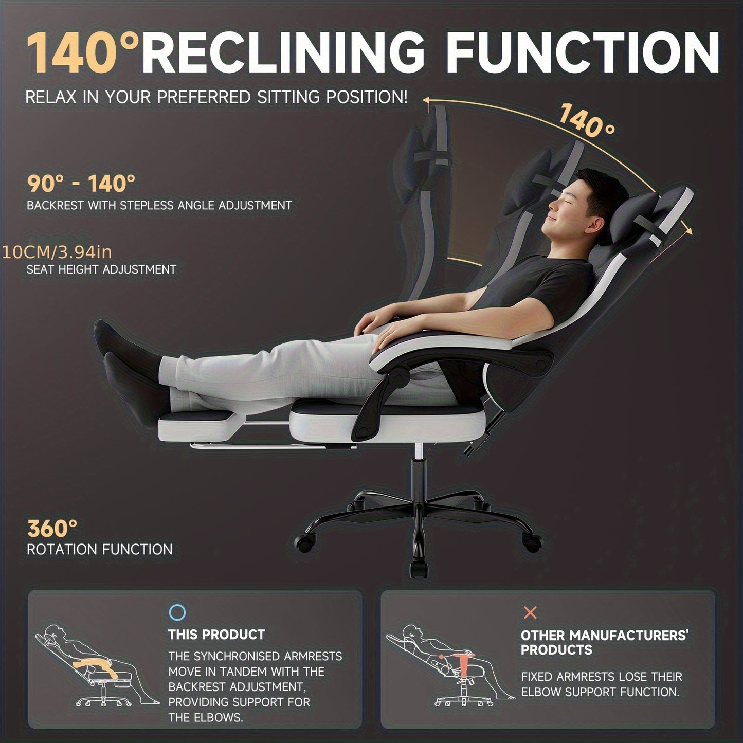 Gamingstoel – Gamestoel – Gaming Chair – Bureaustoel – Game Stoel – Ergonomisch Design – Verstelbare Rugleuning en Voetensteun – Geschikt Voor Harde Vloeren