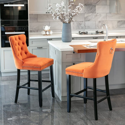 Oranje Barkrukken – Barstoelen – Krukken – Keukenstoelen – Fluwelen Stoelen – Retro Design – Fluwelen Bekleding – Stevige Houten Poten