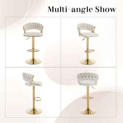 Barstoel – Barkruk – Barkrukken – Barstoel Set – Barkrukken Set – Verstelbaar – Velvet Bekleding Met Gevlochten Open Rug – Gouden Metalen Onderstel