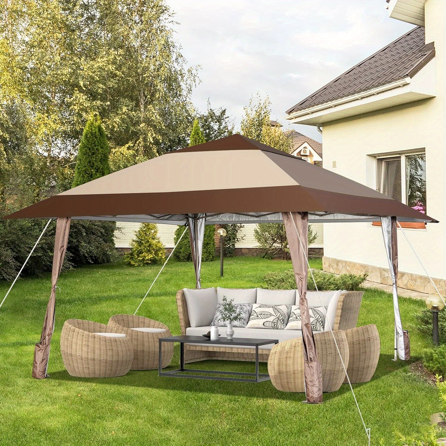 Partytent – Paviljoen – Feesttent – Tuintent – Pop-up Tent – Stevig Stalen Frame – Verstelbare Hoogte 390x390 cm – Water- en UV-bestendig Doek – Inclusief Draagtas met Wieltjes – Bruin