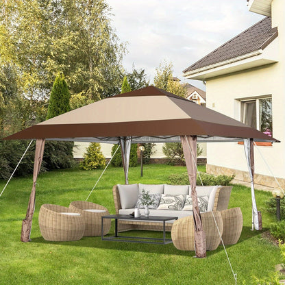 Partytent – Paviljoen – Feesttent – Tuintent – Pop-up Tent – Stevig Stalen Frame – Verstelbare Hoogte 390x390 cm – Water- en UV-bestendig Doek – Inclusief Draagtas met Wieltjes – Bruin