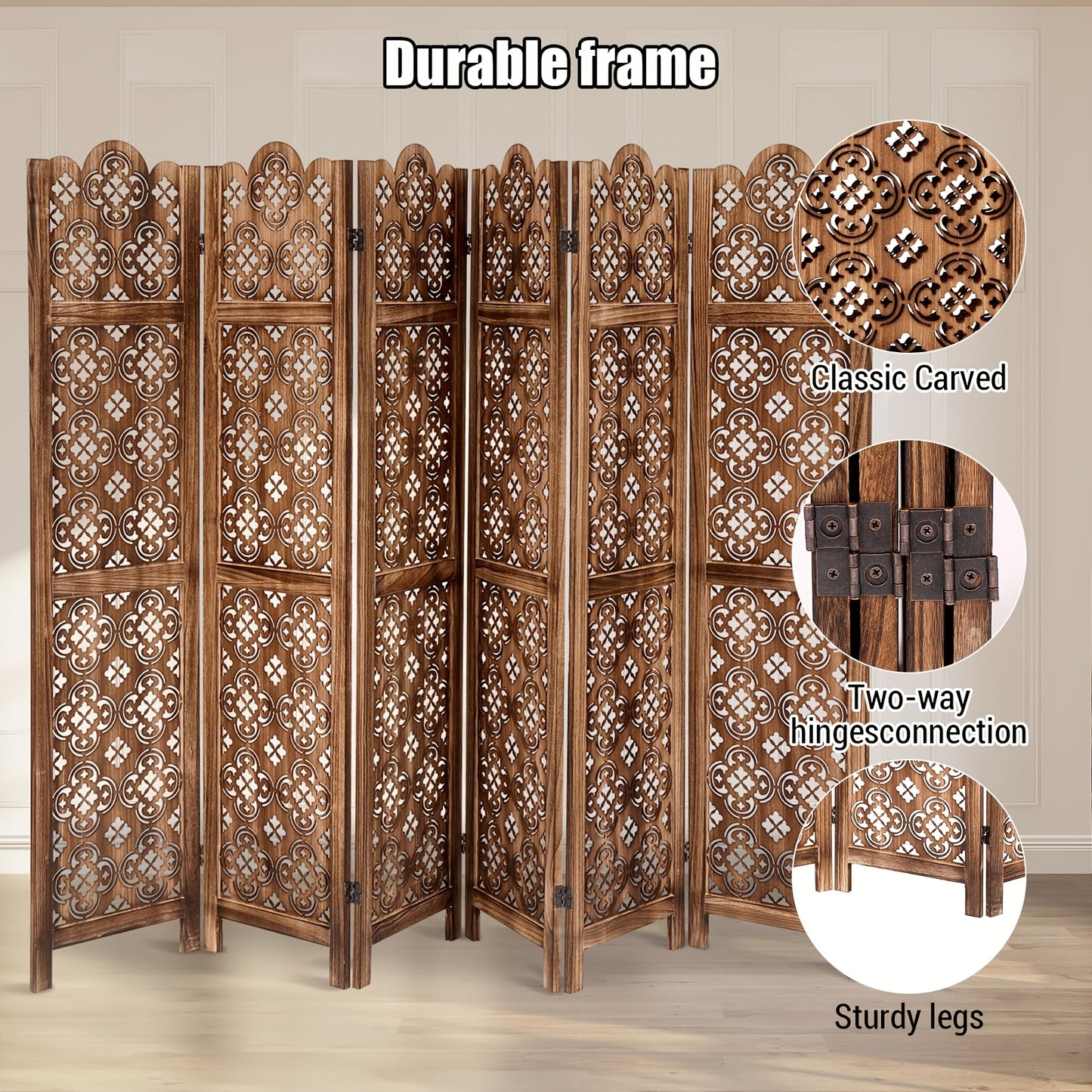 Carved Wood Room Divider Panel | Hardwood, Classic Style, Brown Color, Folding Screen for Home Office Garden Terrace - MERXENG