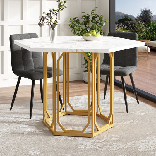 Eettafel Hexagonale Tafel Ontbijttafel Keukentafel Modern Design – Zeshoekige Marmerlook Tafelblad – Gouden Metalen Onderstel – Verstelbare Poten – Stevig & Onderhoudsvriendelijk – 110x95x75 cm