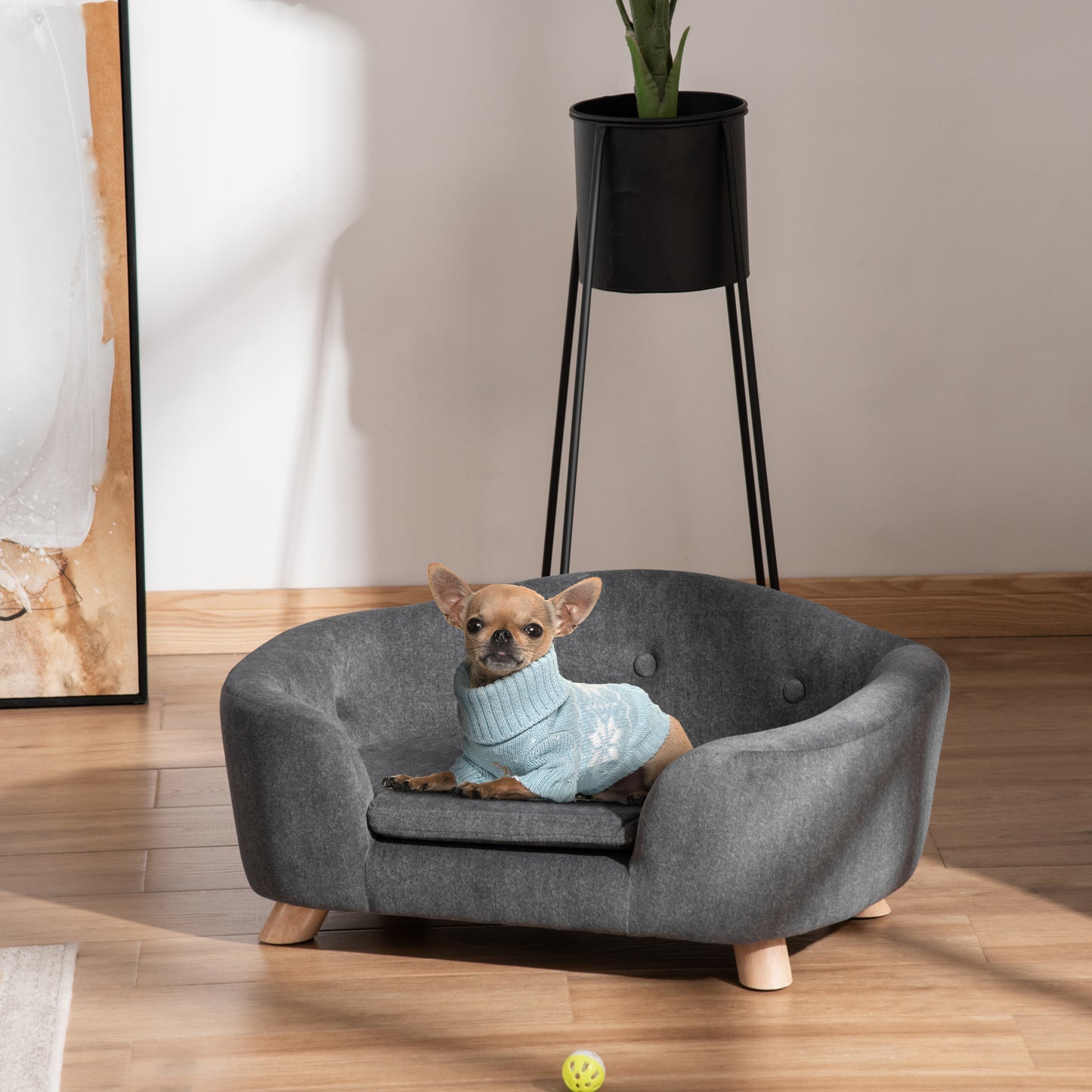 Huisdierbank – Hondenbank – Kattenbank – Dierenbed – Huisdiersofa – Antraciet Grijs – Zacht Pluche Kussen – Stevig Dennenhouten Frame 70 x 47 x 30 cm