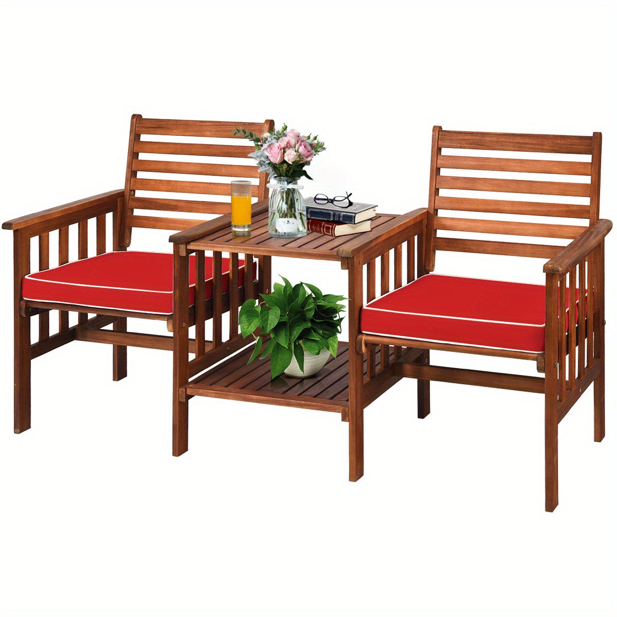 Tuinbank – Picknickbank – Buitentafel – Balkonbank – Acaciahouten Bank Met Kussen – 2-Zits Met Parasolgat – 165 x 65 x 88 cm – Draagkracht 350 kg
