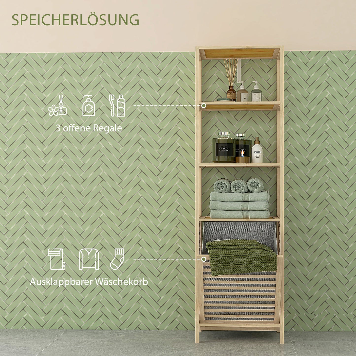 Badkamerkast – Badkamermeubel – Opbergkast – Wasmandkast – Smalle Kast – Bamboe Frame – Ingebouwde Wasmand Met Afneembare Zak – Compact Hoog Design 44x33x160cm