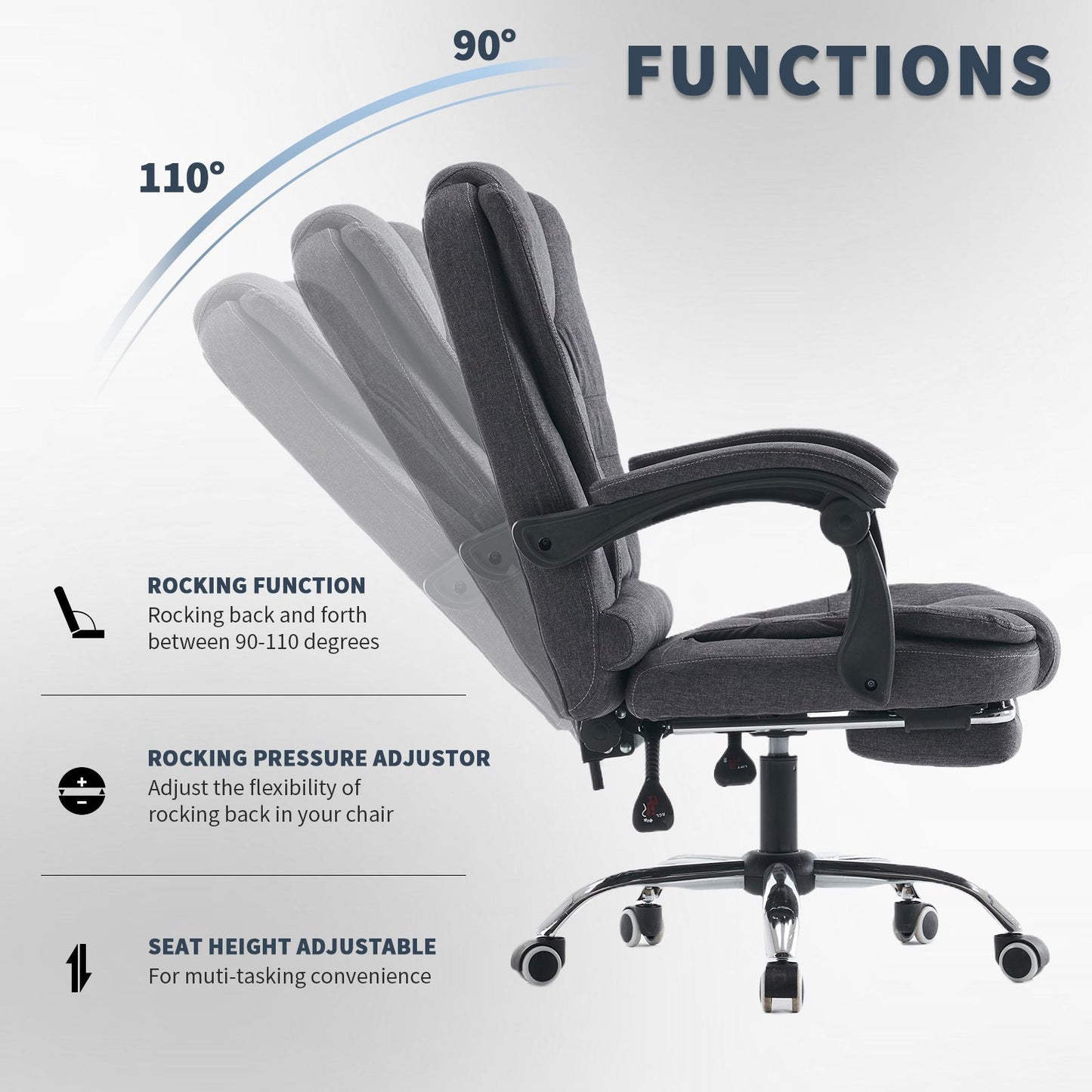 Bureaustoel – Office Chair – Computstoel – Gamingstoel – Desk Chair – Ergonomisch Ontwerp – Verstelbare Hoogte & 360° Draaibaar – Grijs