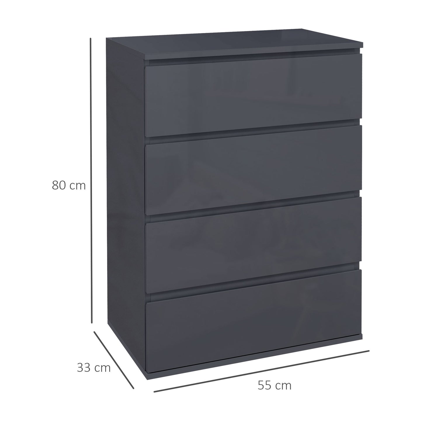 Ladekast – Ladenkast – Commode – Opbergkast – Dressoir – 4 Lades – Soft-Close Mechanisme – Glanzende Grijze Afwerking – 55 x 33 x 80 cm
