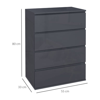 Ladekast – Ladenkast – Commode – Opbergkast – Dressoir – 4 Lades – Soft-Close Mechanisme – Glanzende Grijze Afwerking – 55 x 33 x 80 cm