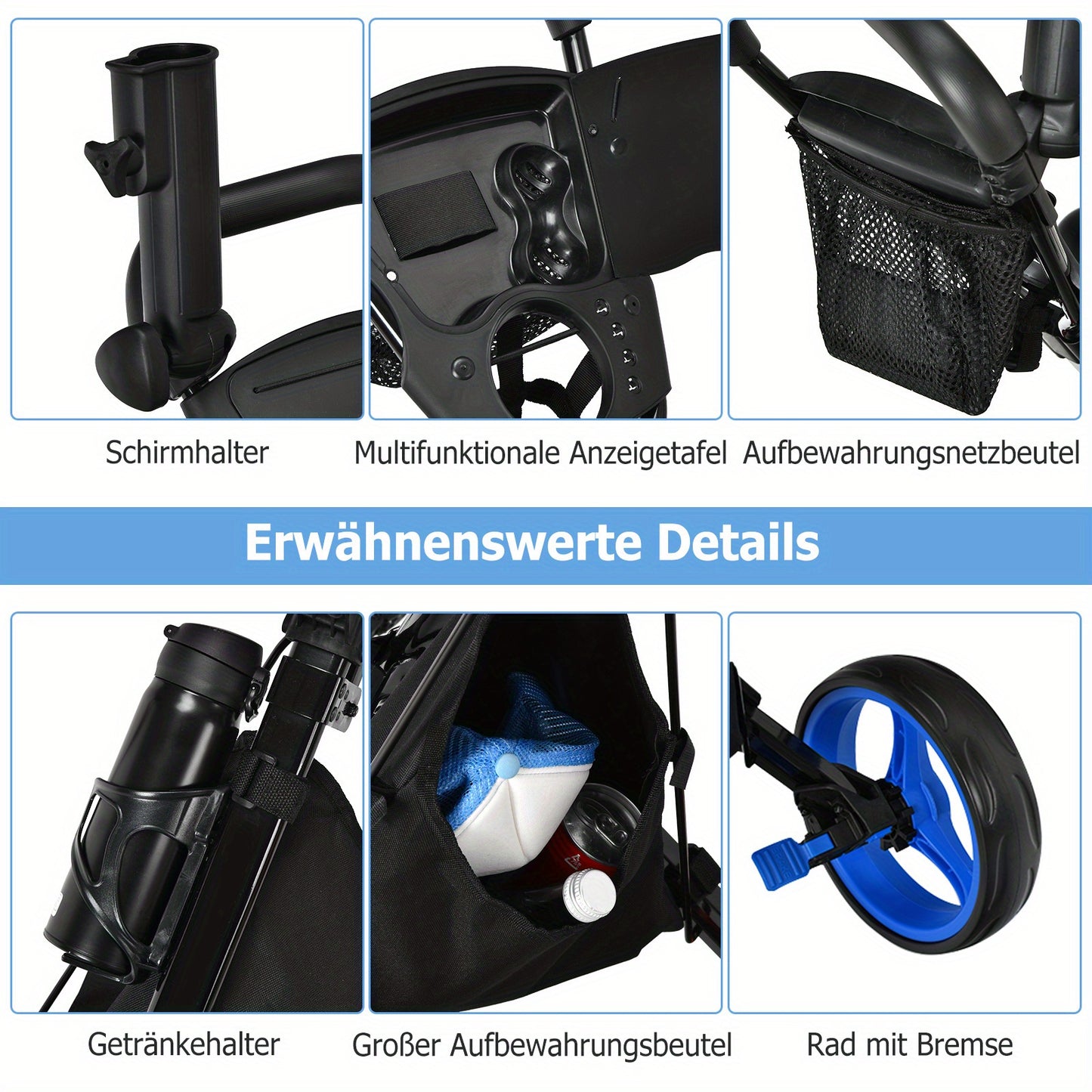 Golf Trolley – Golfkar – Golfwagen – Golfbuggy – Golfkarretje – Lichtgewicht 3-Wieler – Verstelbaar Zitje en Handvat – Duurzaam PP Materiaal – Inclusief Parapluhouder en Voetrem – Zwart