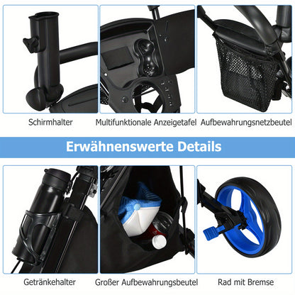 Golf Trolley – Golfkar – Golfwagen – Golfbuggy – Golfkarretje – Lichtgewicht 3-Wieler – Verstelbaar Zitje en Handvat – Duurzaam PP Materiaal – Inclusief Parapluhouder en Voetrem – Zwart