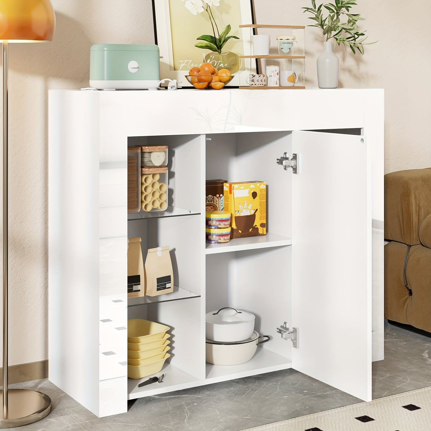 Modern Wit Kastje – Vrijstaand Dressoir – Opbergkast – Vitrinekast – Wandkast – Hoogglans Afwerking – Bamboe Met Glas – Compact 95x35x83 cm – Eenvoudig Te Monteren