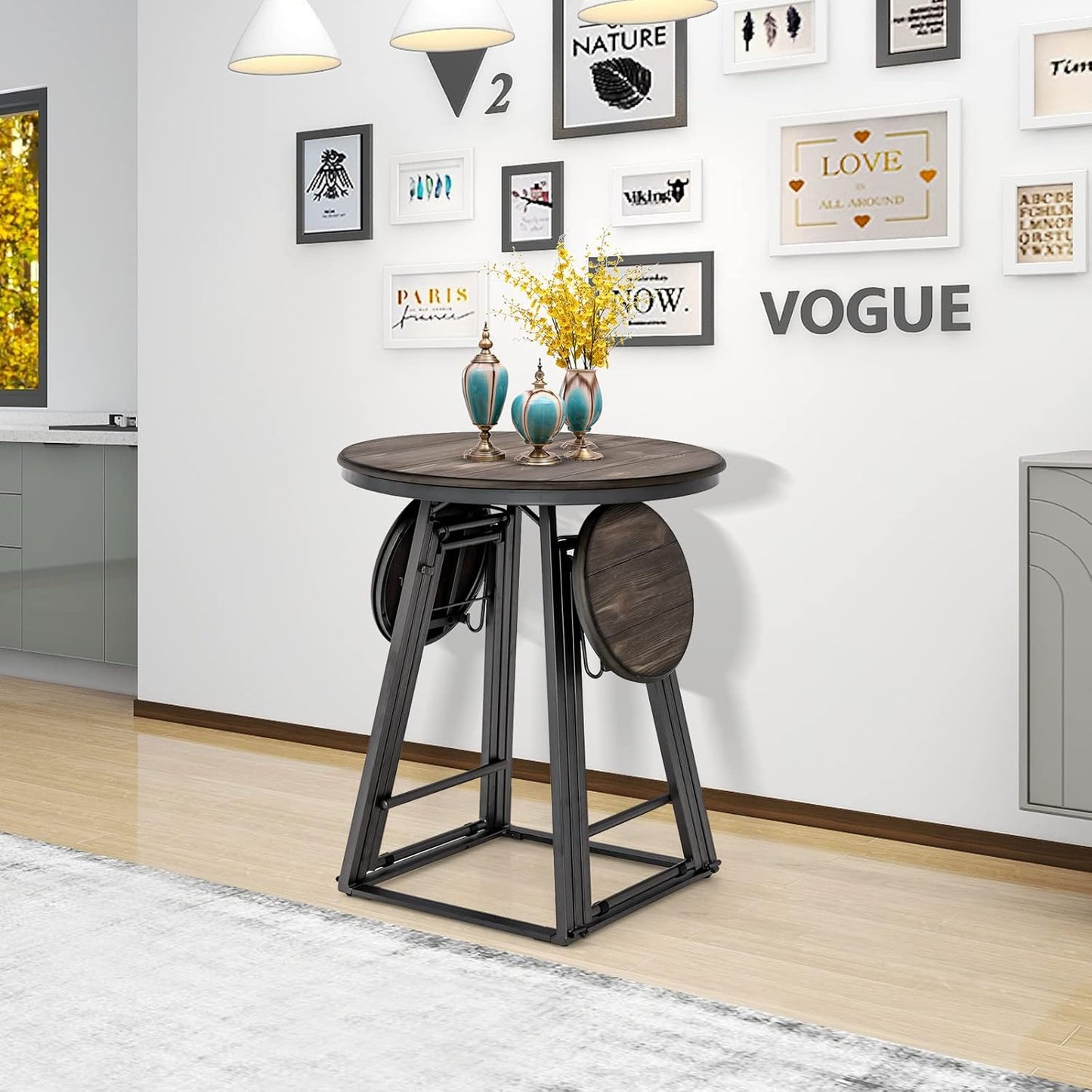 Barset – Opvouwbare Bartafel – Barkrukset – Keukenbar – Compact Eettafelset – Ruimtebesparend Ontwerp – Stabiel Metaal Frame – Grijs Houtnerf