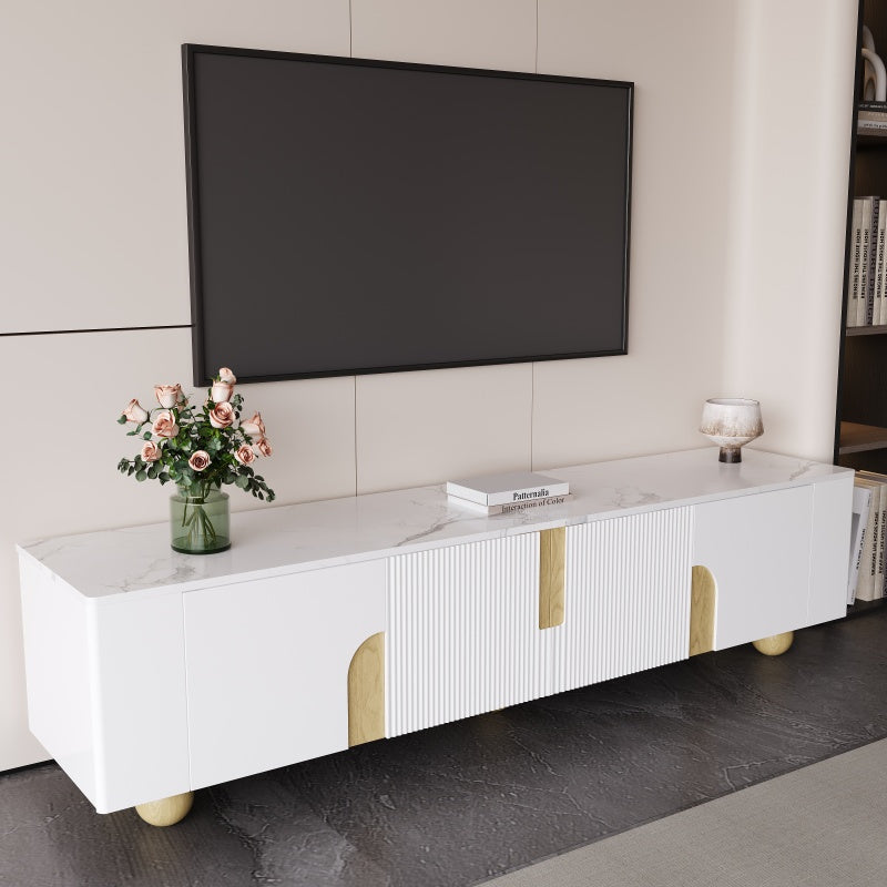Tv-Meubel – Tv-Kast – Tv-Stand – Media-Meubel – Dressoir – Wit Met Houten Accenten – 180 cm Breed – Marmerlook Blad Met Houten Bolpootjes