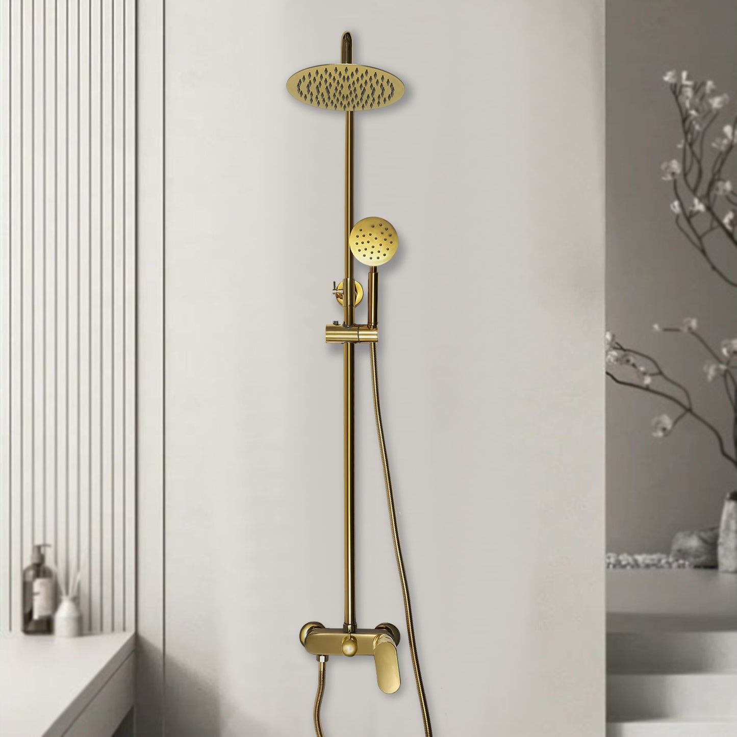 Wall-Mounted Contemporary Golden Shower System with Overhead Rainfall & Handheld Shower - Adjustable Height Shower Rod & Handheld Spray, SUS304 / Bath Fixture for Spa Bathing (for Heights)