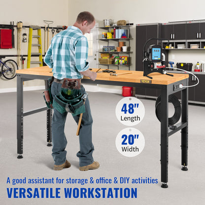 Werkbank – Werktafel – Klusbank – Werkplek – Verstelbare Hoogte – Massief Houten Blad 48"x20" – Stopcontacten en USB Poorten