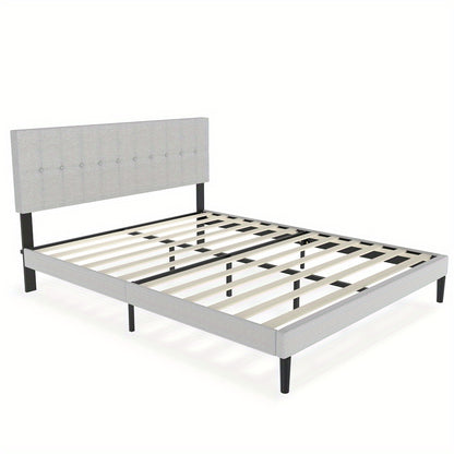 Gestoffeerd Bed – Bedframe – Slaapbank – Eenpersoonsbed – Tweepersoonsbed – Linnen Hoofdbord Met Knopen – Stevig Houten Frame – Lichtgrijs – 140 x 200 cm