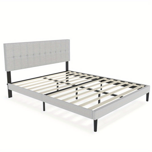Gestoffeerd Bed – Bedframe – Slaapbank – Eenpersoonsbed – Tweepersoonsbed – Linnen Hoofdbord Met Knopen – Stevig Houten Frame – Lichtgrijs – 140 x 200 cm