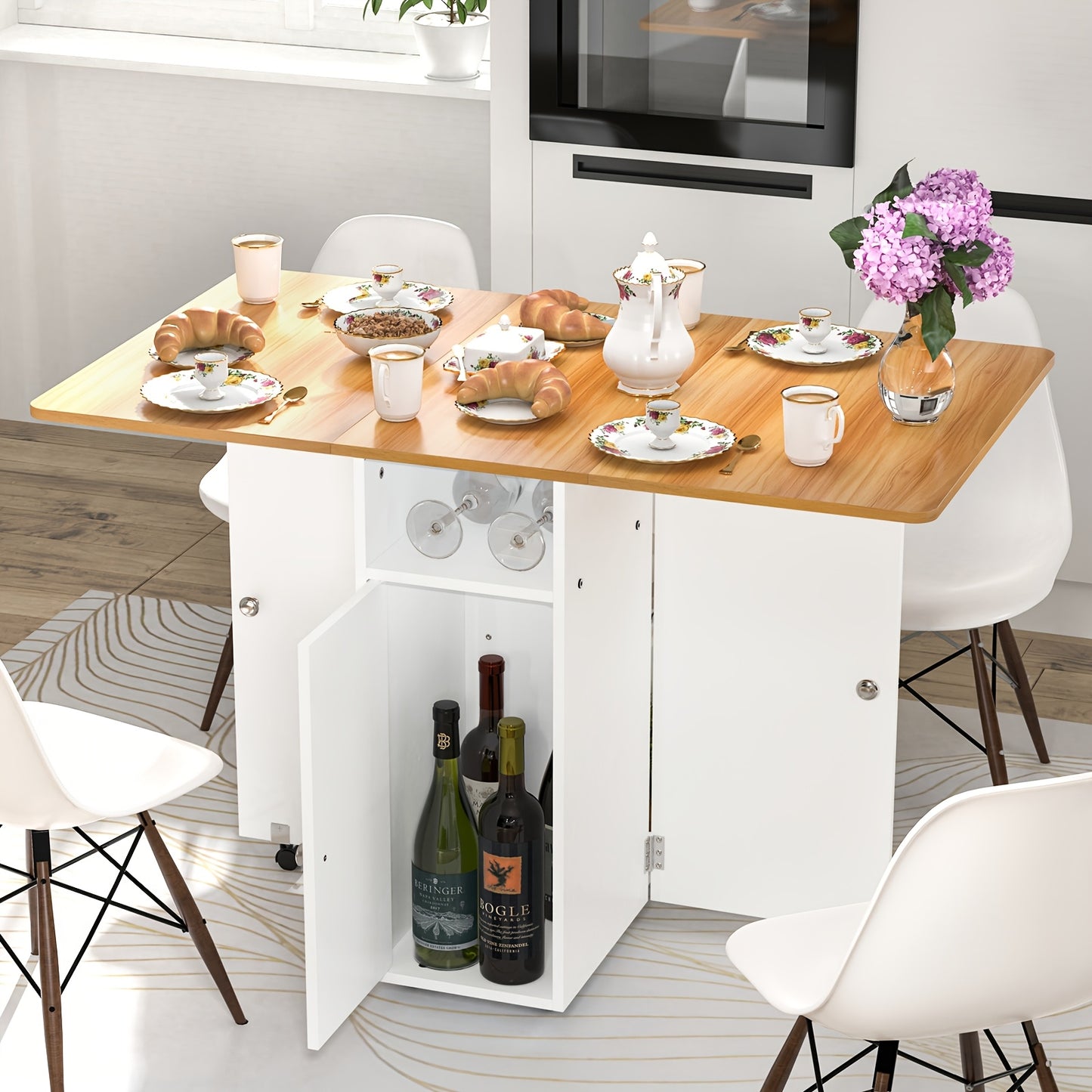 Extendable Wood Drop Leaf Folding Dining Table, Folding Dining Table With 2 Tier Storage Racks, Multifunction Space Saving Table Expandable Rectangle Dinner Kitchen Office Furniture For 6 People 120x70x78cm Wood Color