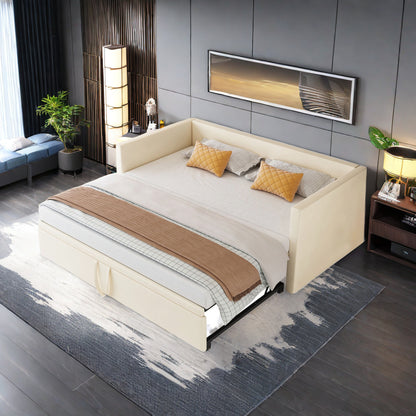 Uitschuifbare Slaapbank – Slaapbank Bedbank – slaapbed – slaapbank 2-persoons – bedbank uitschuifbaar – Velvet Stof – 90/180 x 200 cm – Met Lattenbodem – Beige