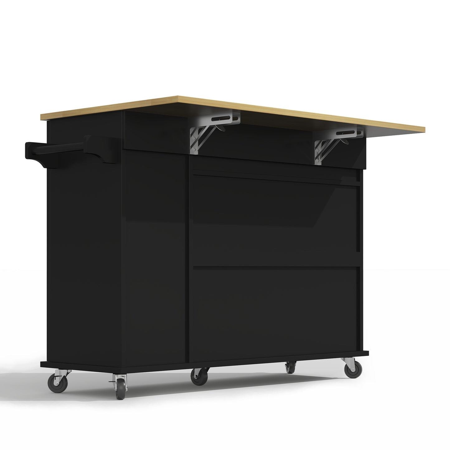 Keukenwagen – Keukentrolley – Keukenkar – Serveerwagen – Mobiele Keukenhulp – Zwart – Uitklapbaar Werkblad 120×65 cm – 3-Laags Uittrekbare Organizer Met 2 Lades