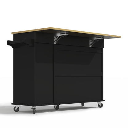 Keukenwagen – Keukentrolley – Keukenkar – Serveerwagen – Mobiele Keukenhulp – Zwart – Uitklapbaar Werkblad 120×65 cm – 3-Laags Uittrekbare Organizer Met 2 Lades
