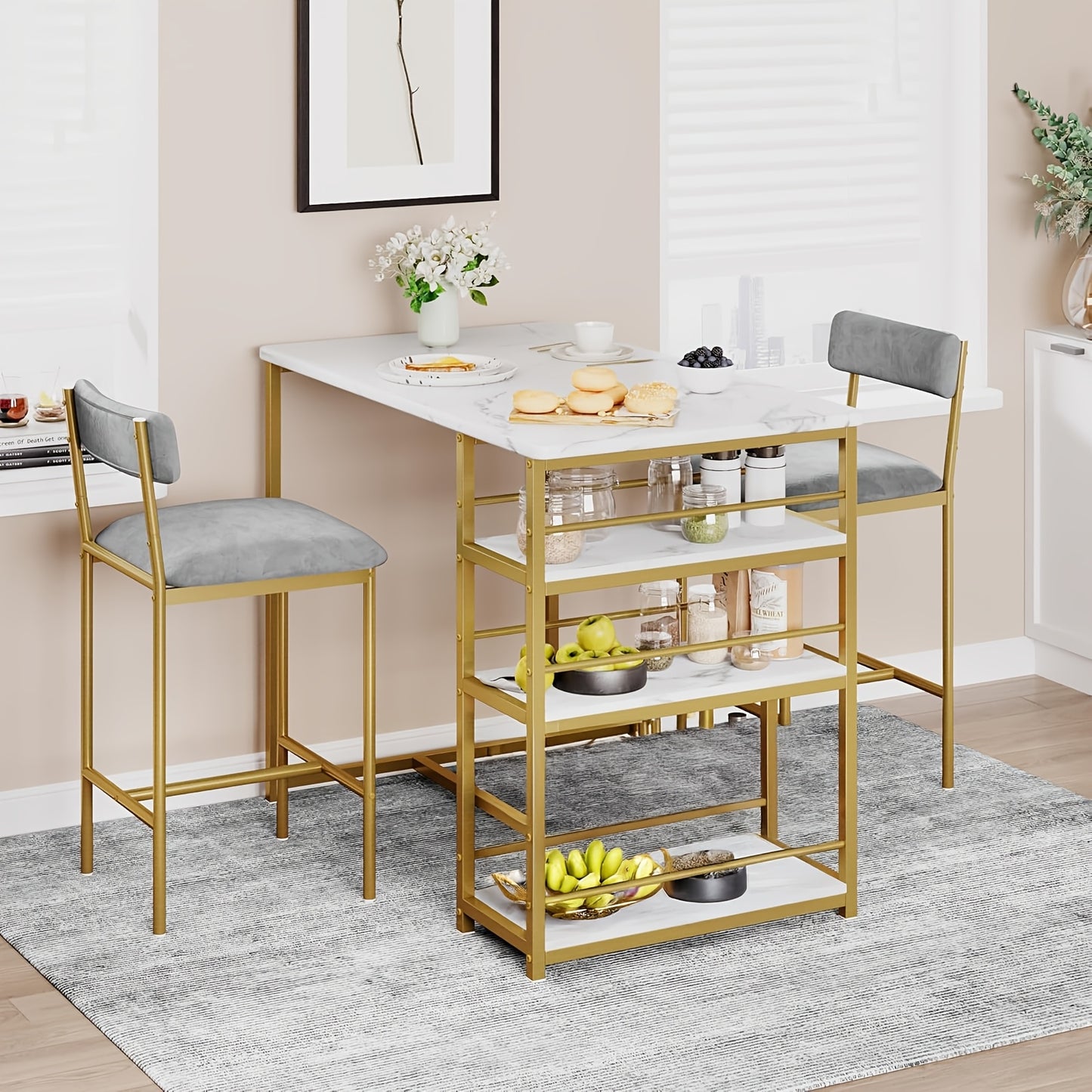 Barset Golden Marble – Bistrotafel Set – Eettafel Compact – Keukentafel Met Stoelen – 3-Tier Rek – Ruimtebesparend – Moderne Gouden Accent