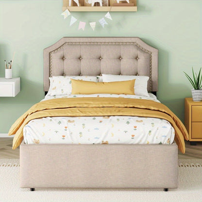 Bedtafel – Nachtkastje – Bedmeubel – Bedzijtafel – Opbergtafel – 90x200 cm – Donker Beige Met Dubbele Lades En Decoratieve Studs