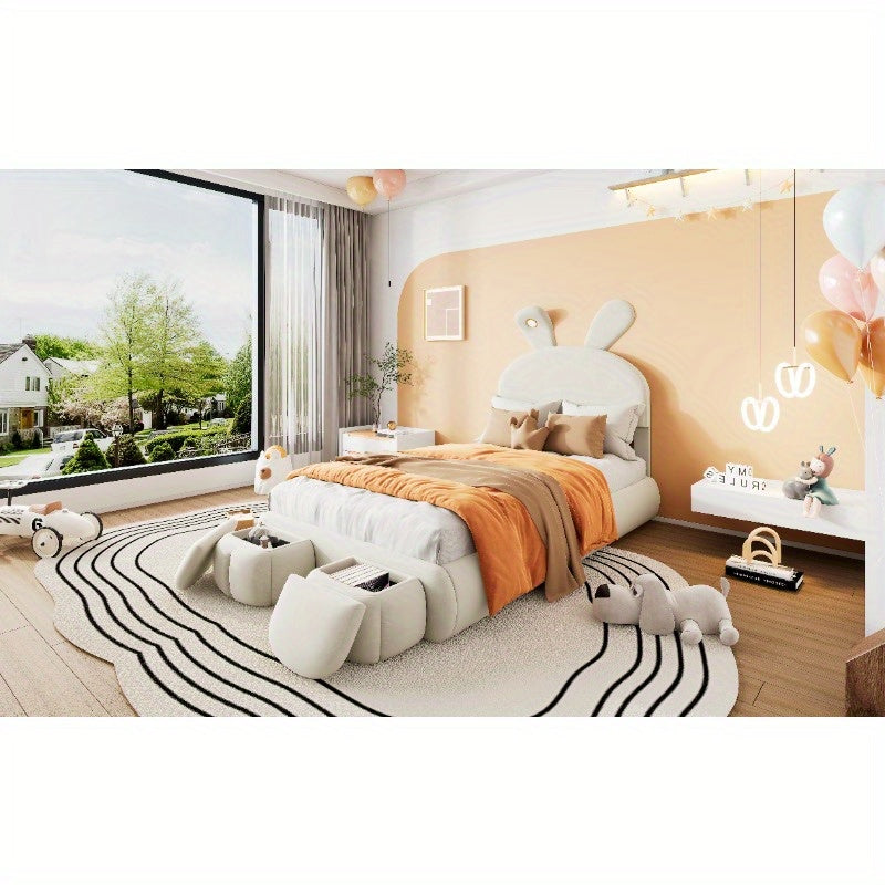 Eenpersoonsbed – Slaapbed – Bedframe – Kinderbed – Stapelbed – Beige Stoffen Bekleding – Verstelbare Warmlichtstrips – Inclusief 2 Opberghockers – 90x200 cm