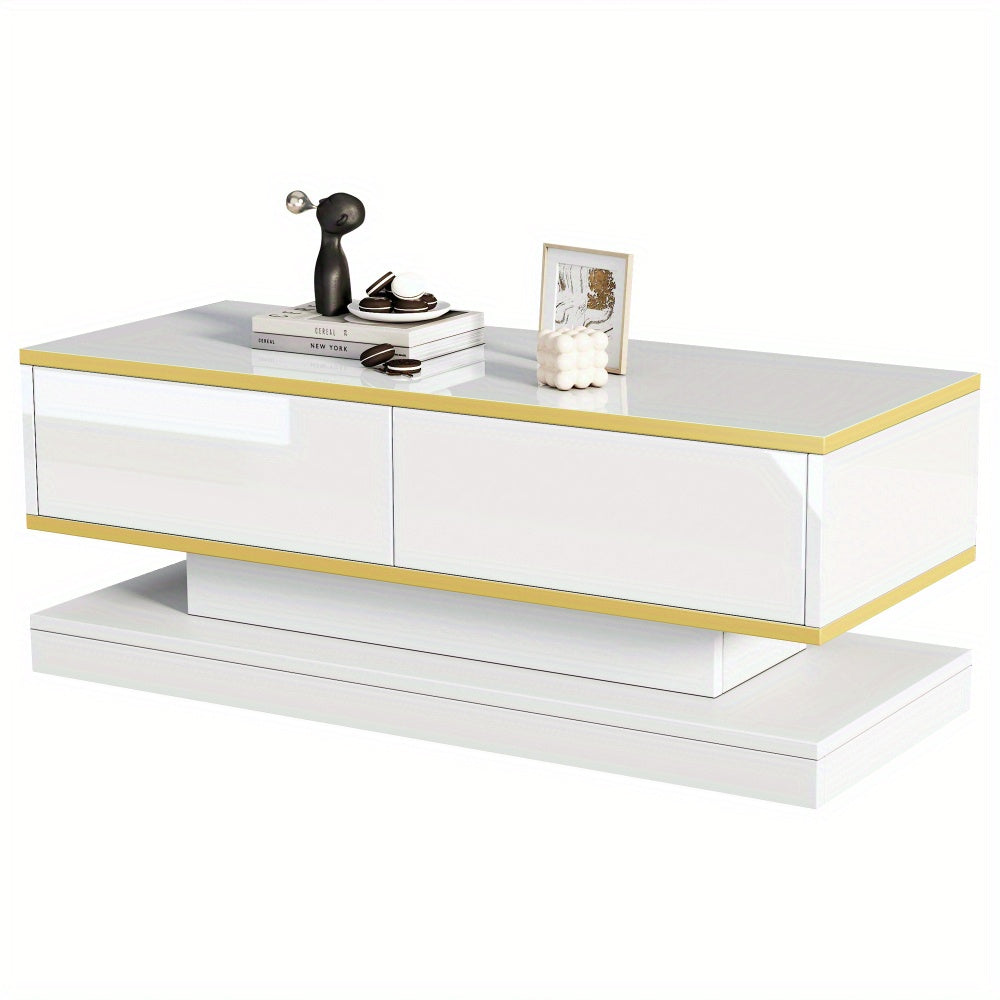 Salontafel – Woonkamertafel – Koffietafel – Bijzettafel – Coffee Table – Warm Wit Met Gouden Accenten – 2 Ruime Lades – 100 Cm Breed Met Stabiel Metalen Frame